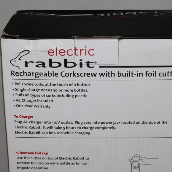 ELECTRIC RABBIT RECHARGEABLE CORKSCREW w/BUILT-IN FOIL CUTTER RED METROKANE - Picture 4 of 10